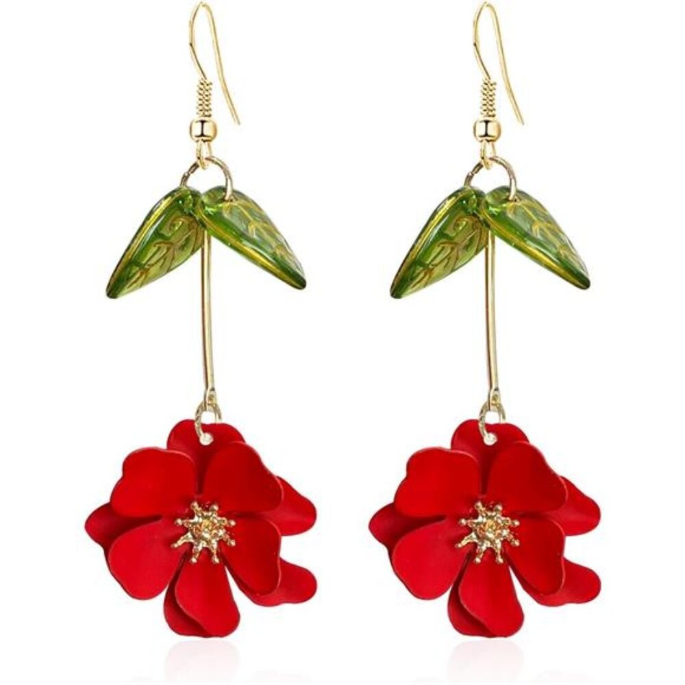 Boho Flower Dangle Earrings - Green Leaf Statement - Fairy Summer Holiday Jewelr